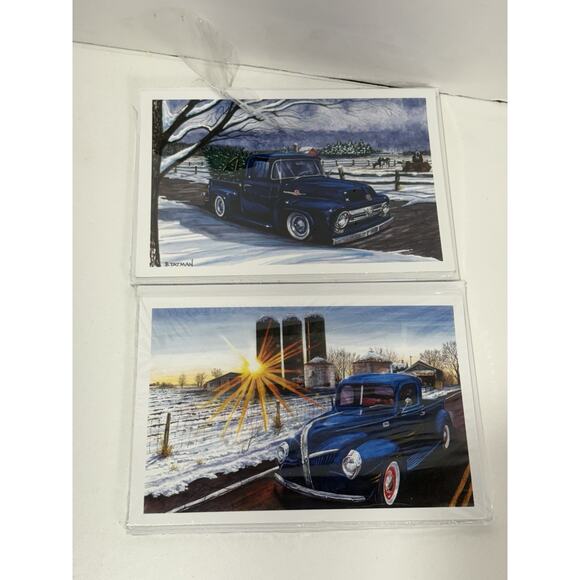 Paul Oxman Christmas Cards Lot Of 20 Hot Rod Blue Cars Pick Up B Tatman Car Tree - Picture 6 of 6